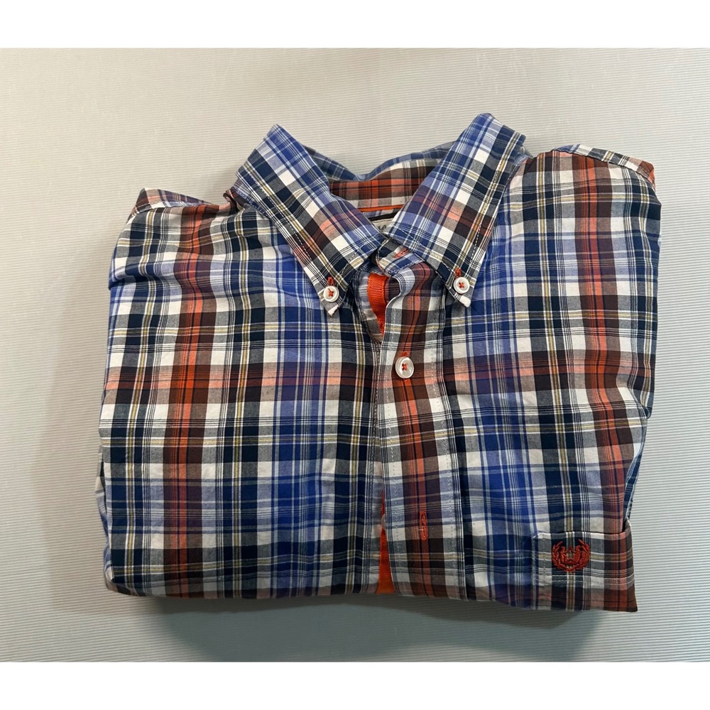 Panhandle Rough Stock Mens Large Plaid Button Down Shirt Blue Orange ROD8002 - Picture 3 of 5